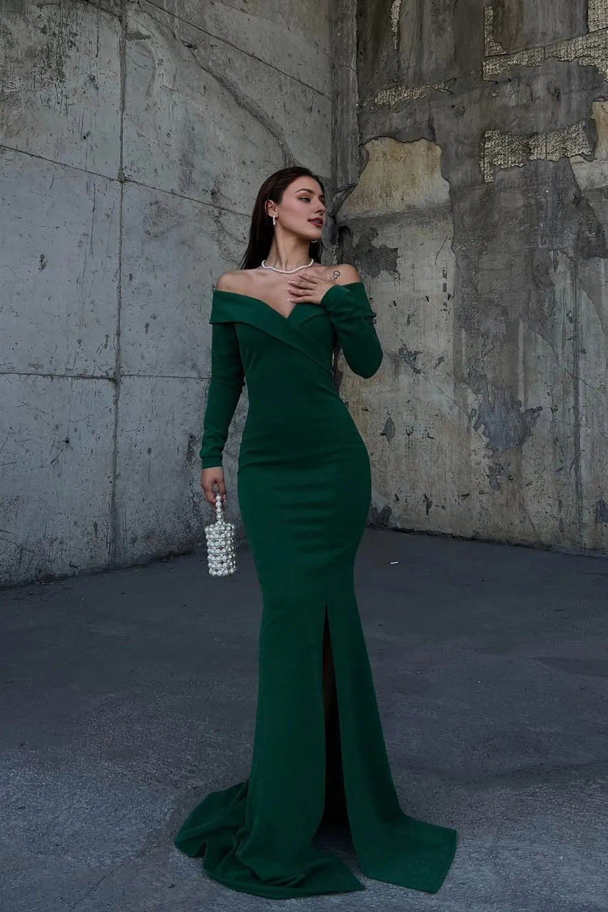 Weitese Dress Stunning Dark Green Strapless Long Sleeves Deep V Neck Mermaid Evening Dress with Split Prom Dress